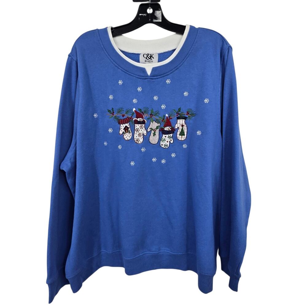 Retro 90s Y2K Christmas Embroidery Sweatshirt Womens Plus 1X Blue Snowman Winter